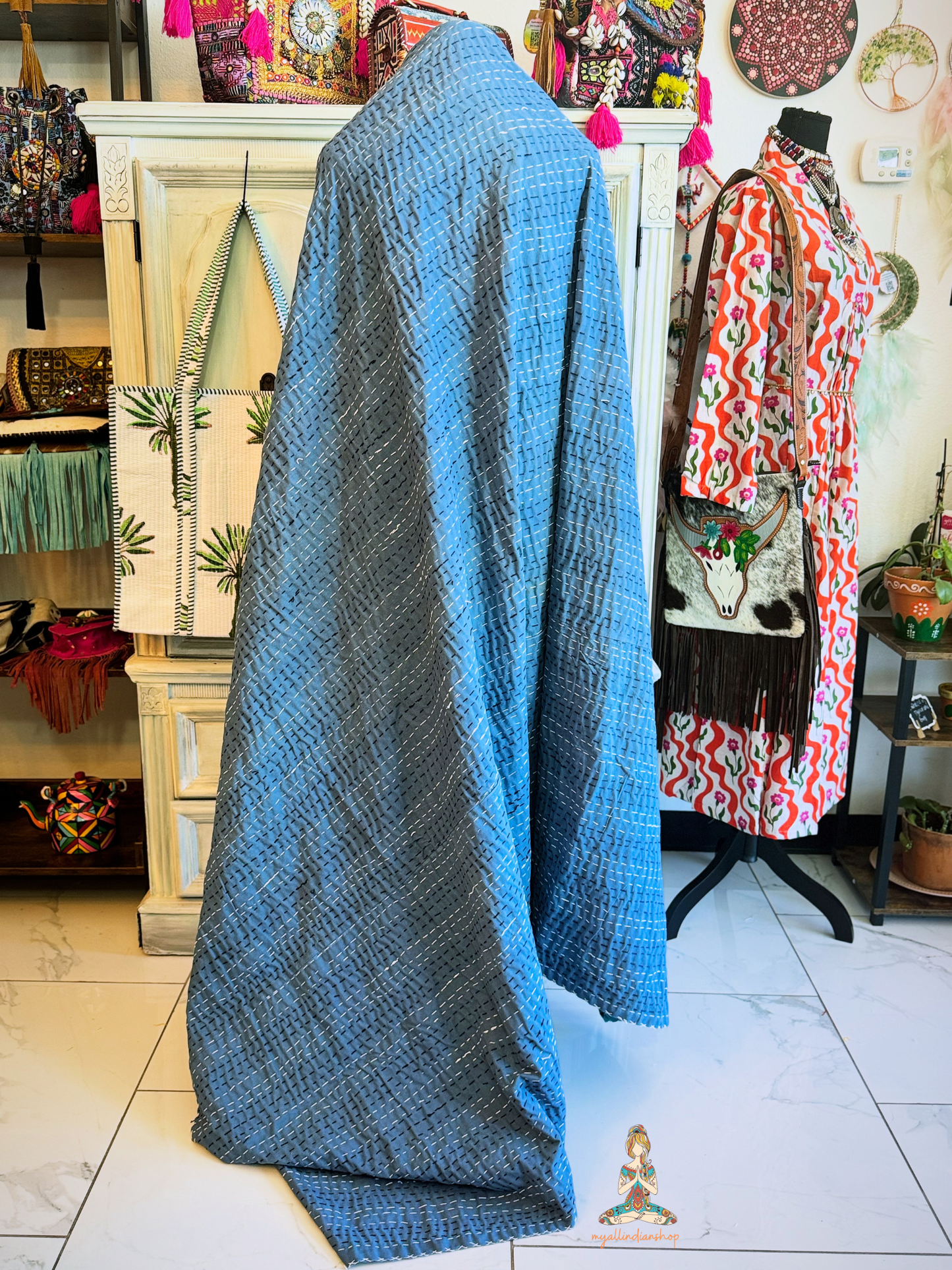 Turquoise Shark Print Kantha Quilt | Cotton Lightweight Blanket | Throw/Twin Size