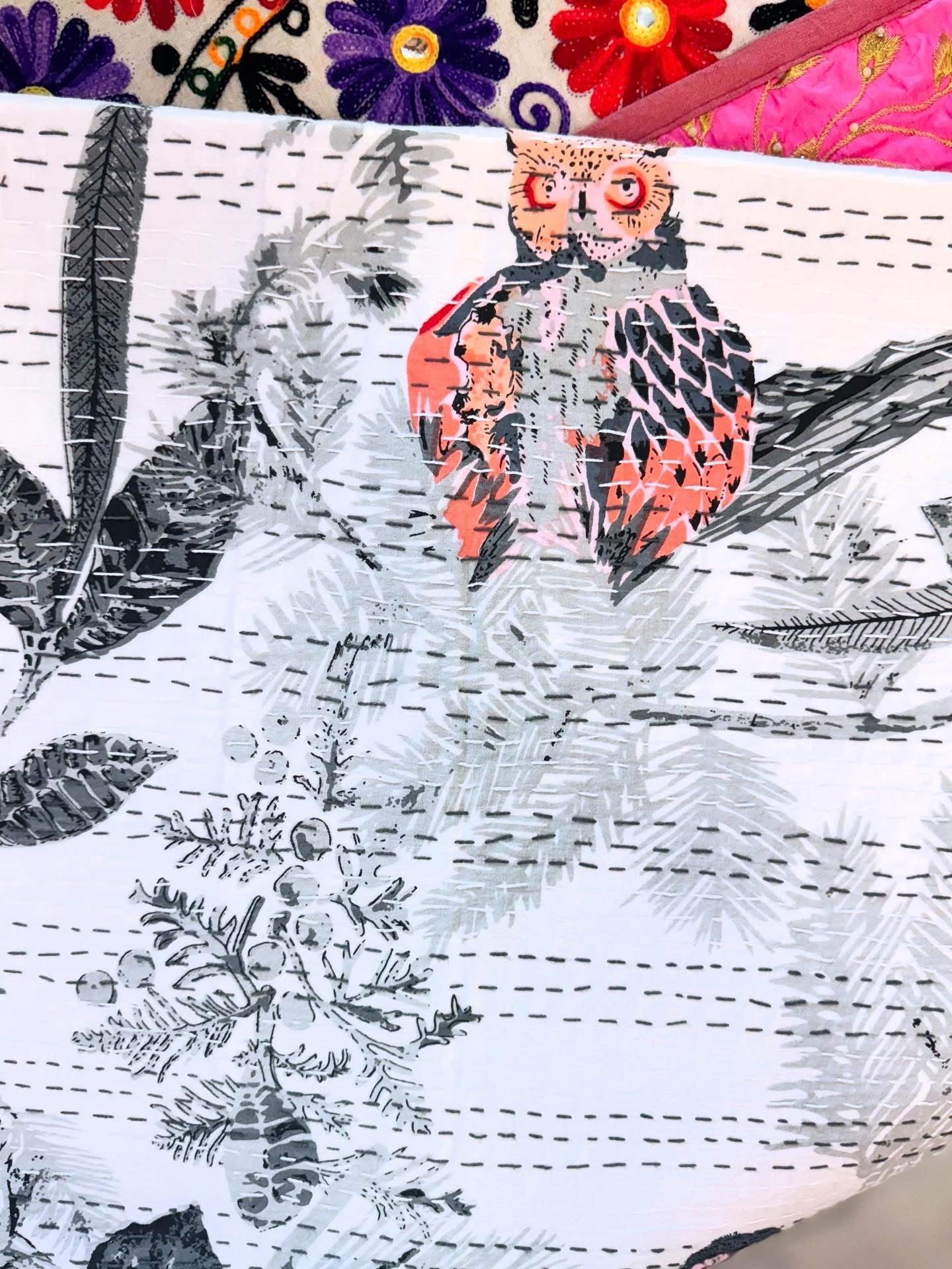 Owl Family – Handblock Printed Kantha Quilt – 100% Cotton | Handmade