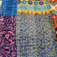 Close-up of patterned fabric with blue and pink designs