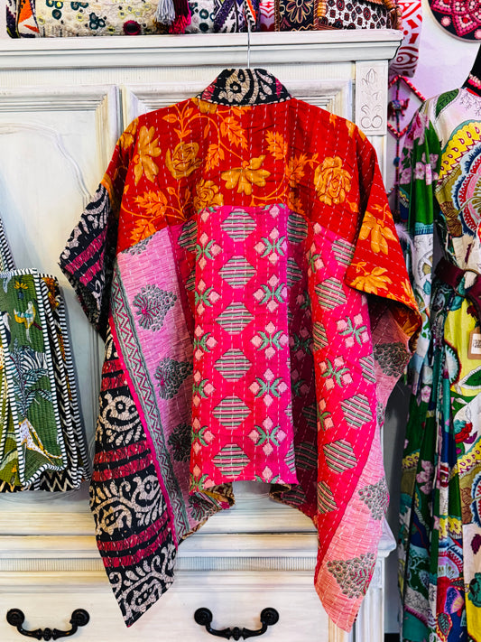Handmade Kantha Poncho – Midnight Patch Bloom | Unisex | 100% Cotton Boho Top