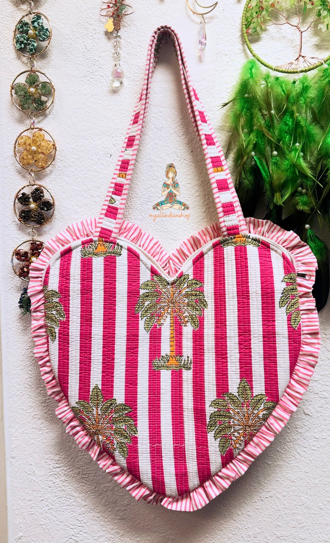 Heart-Shaped Quilted Tote Bag | Hand Block-Printed 100% Cotton | Handmade Zipper Tote