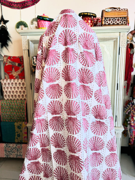 Handblock printed maroon shells on white background for kantha quilt