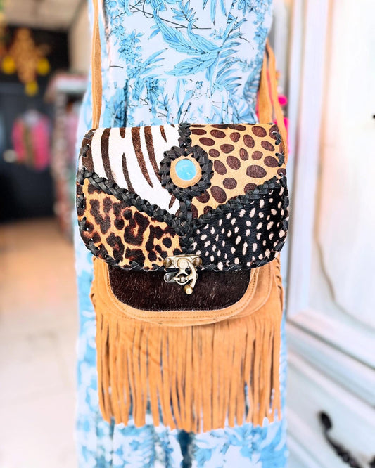 Cowhide Animal Print Fringe Bag – Wild Savannah Western Crossbody