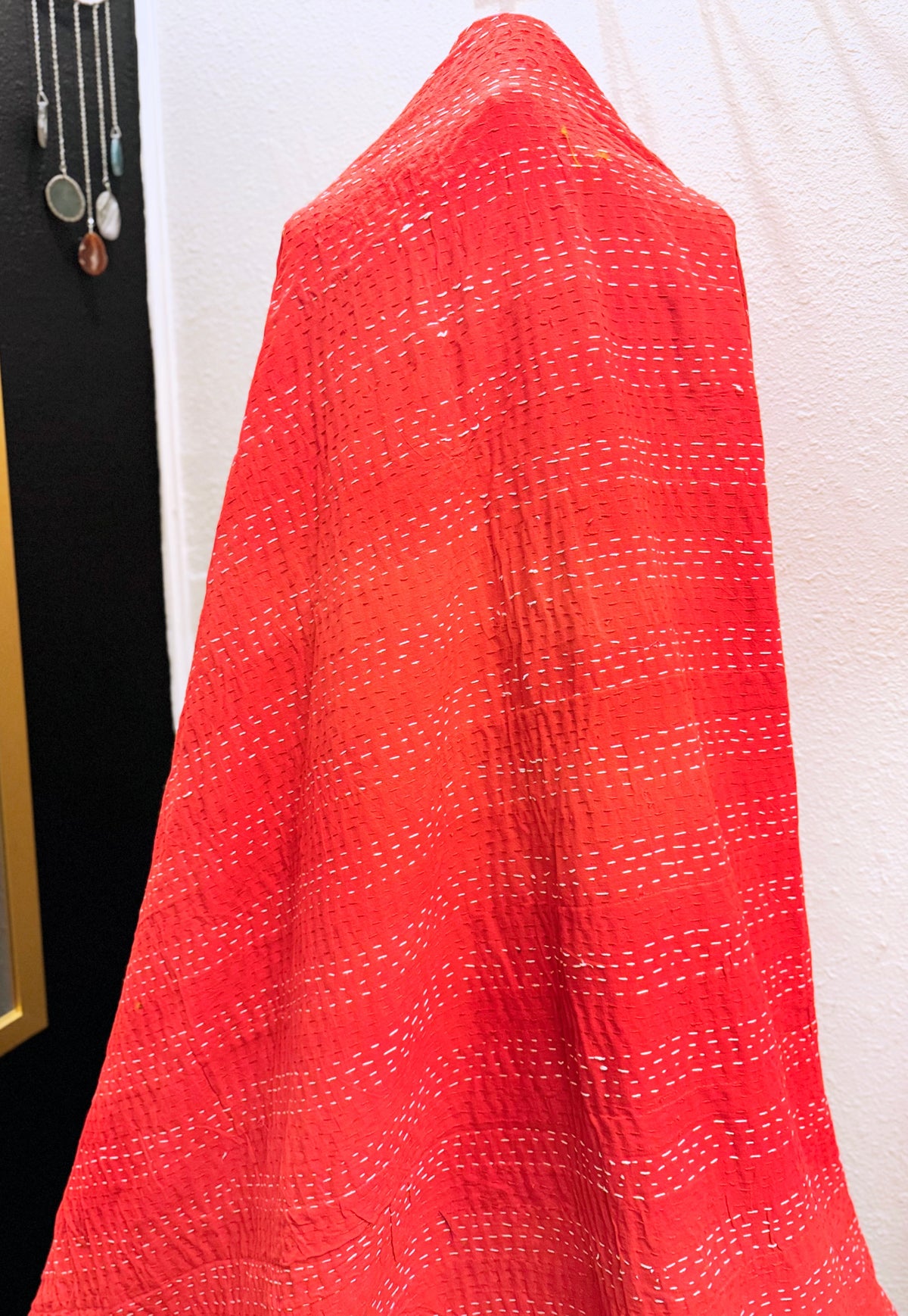 Silk Patchwork Kantha Quilt - Red- Handmade | Silk | Cotton | Queen | King