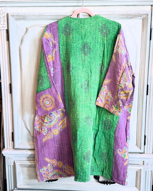 Green and purple color block kantha kimono backside 100% cotton