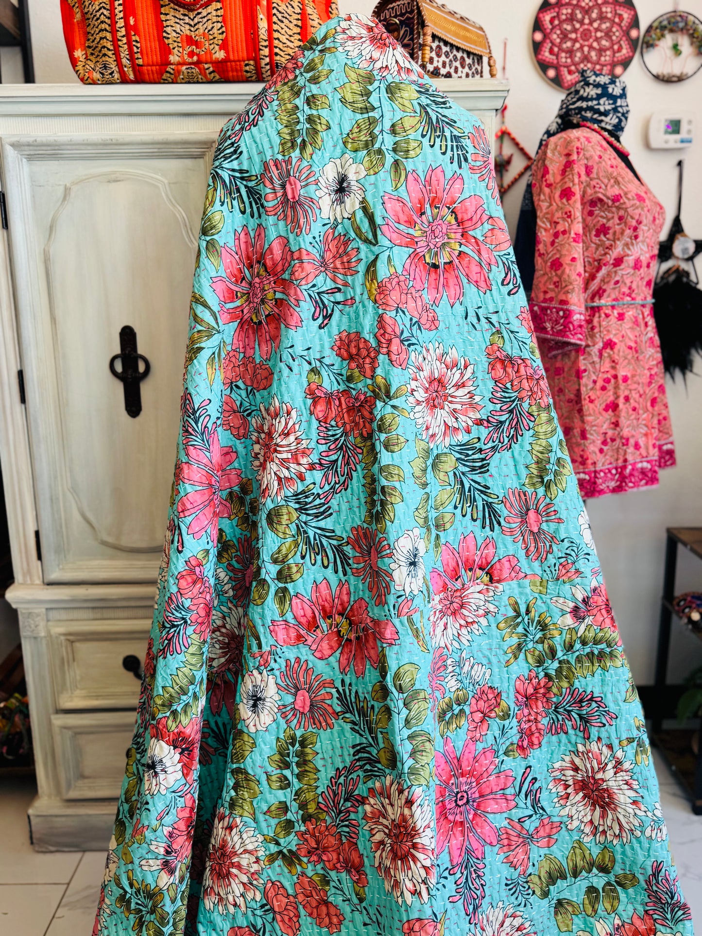 Aqua Meadow – Handblock Printed Kantha Quilt | Cotton | Handmade | Full Size