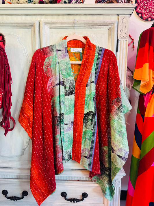 Handmade Kantha Poncho – Scarlet Meadow | Unisex | 100% Cotton Boho Top