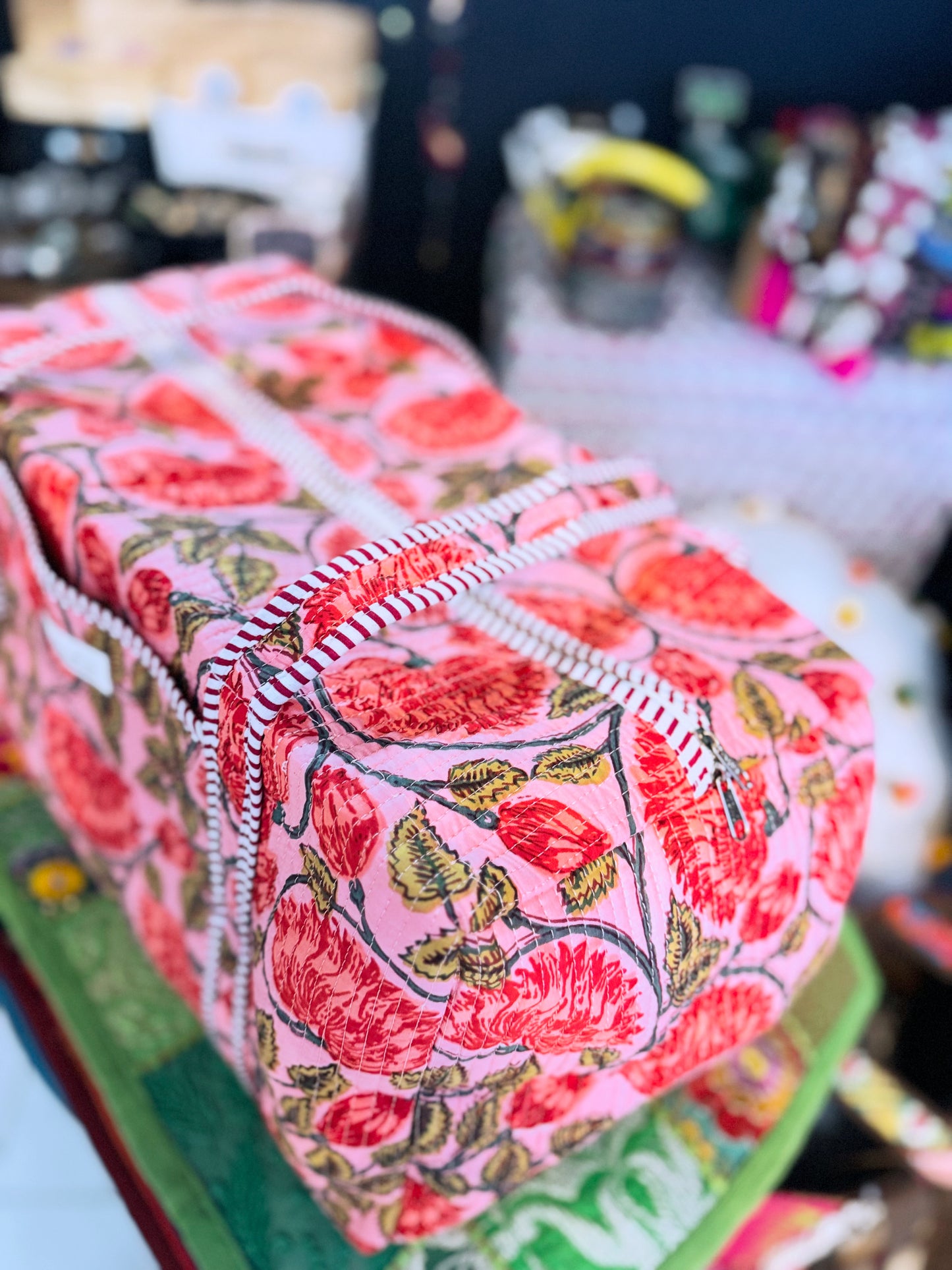 Red Floral Quilted Duffel Bag – Handmade Block Print Weekender Travel Bag