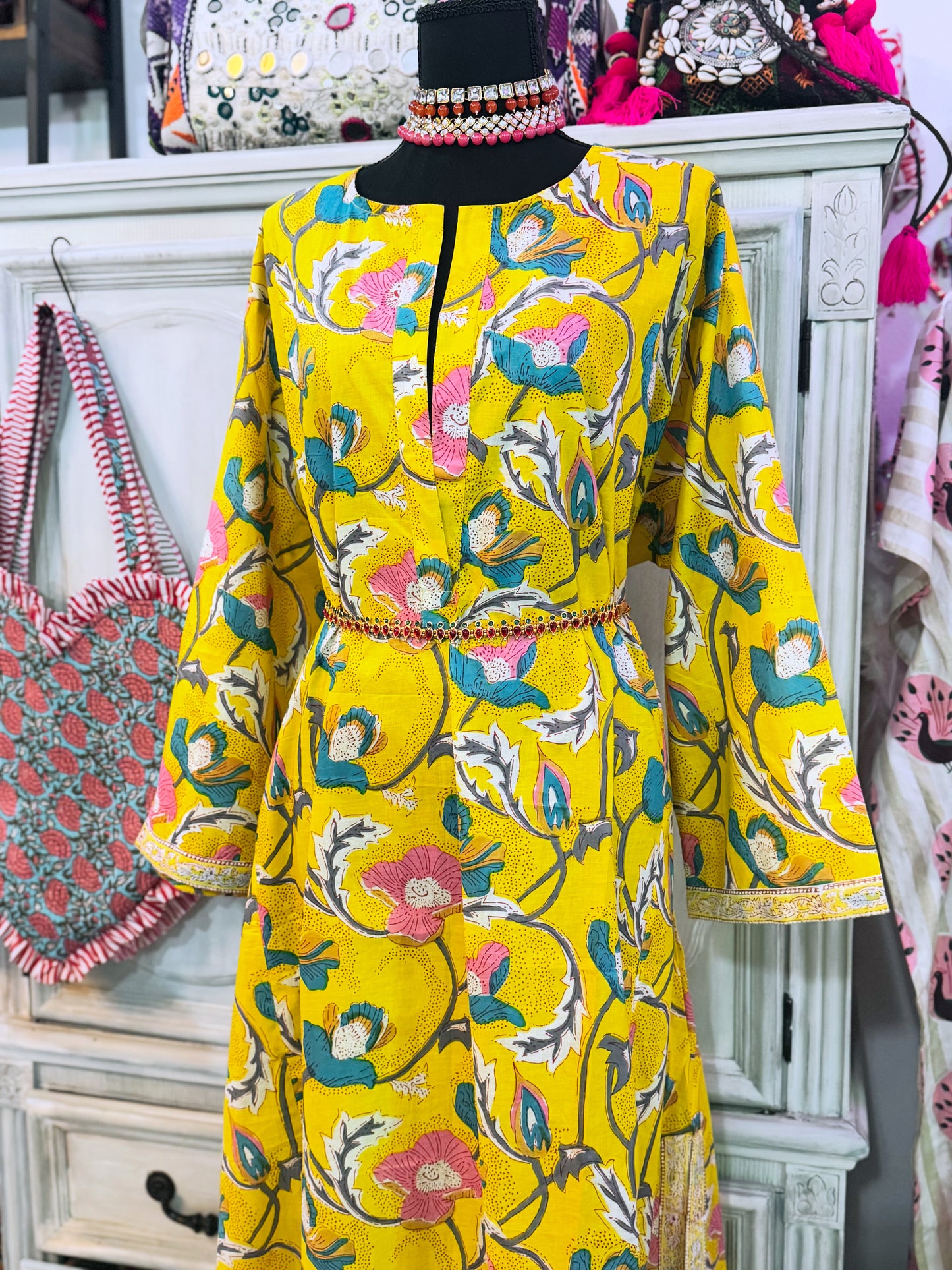 Golden Marigold Hand Block Print Cotton Maxi Dress – Women’s Long Sleeve Dress with Pockets