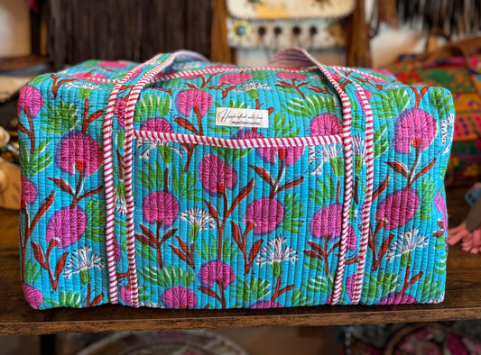 Handmade Quilted Weekender Bag – Blue Floral Print Travel Duffel