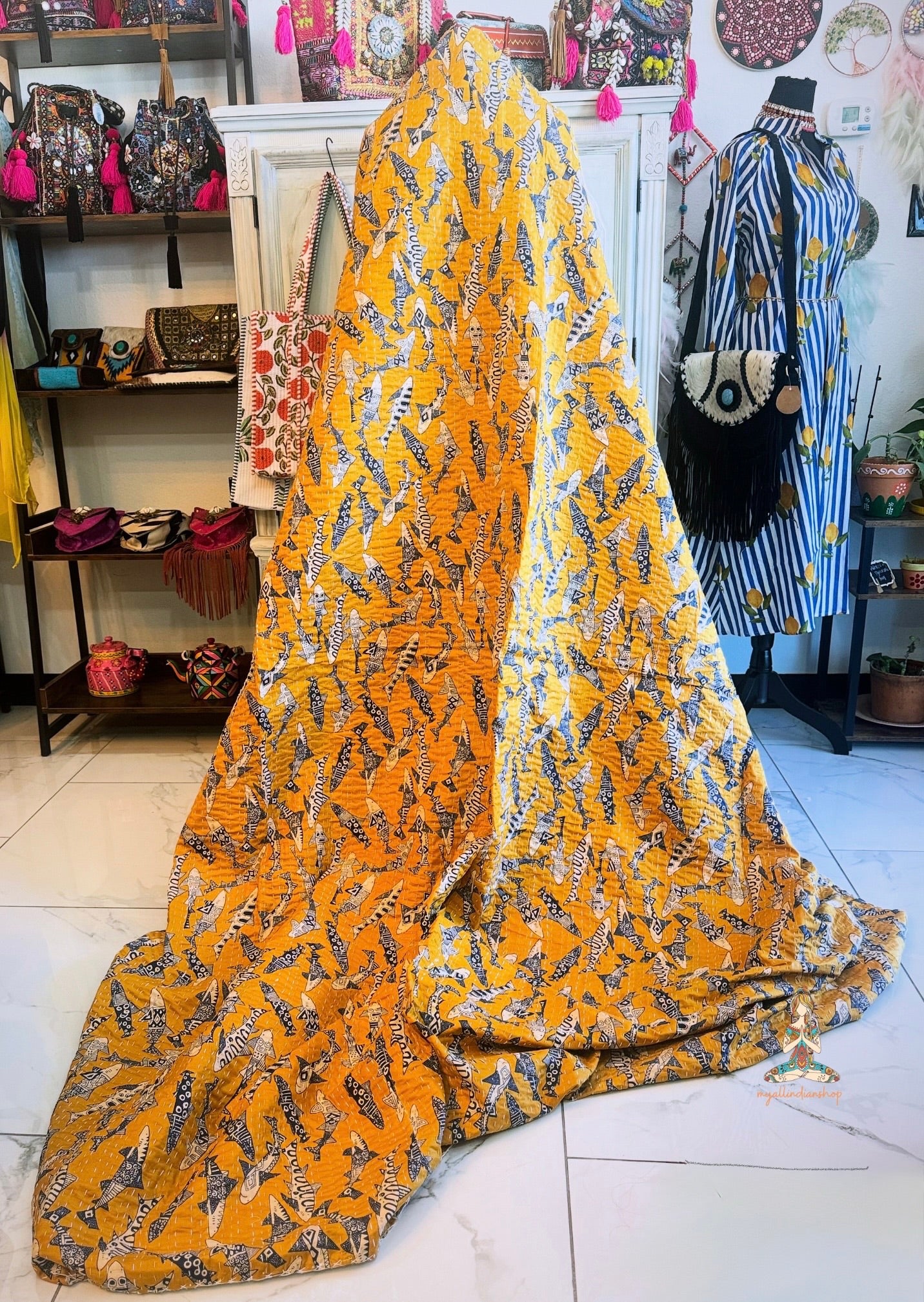 Mustard Shoal | Tribal Shark Print Kantha Quilt | 100% Cotton | Handmade | 90x110” Queen/King