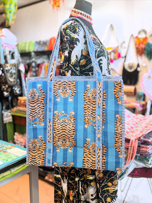 Blue Tiger Print Quilted Cotton Tote Bag – Large Reversible Handmade Shopper with Pocket