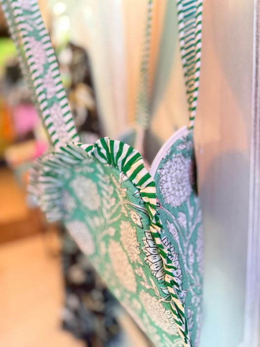 Mint Meadow Heart Tote – Handmade Quilted Cotton Bag with Zipper & Frill Detail | Valentine’s Gift