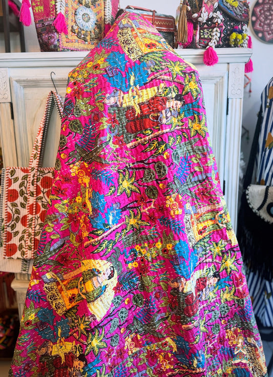Frida in the Jungle - Hot Pink| Hand Block Printed Kantha Quilt | 100% Cotton | Handmade | 90x100”