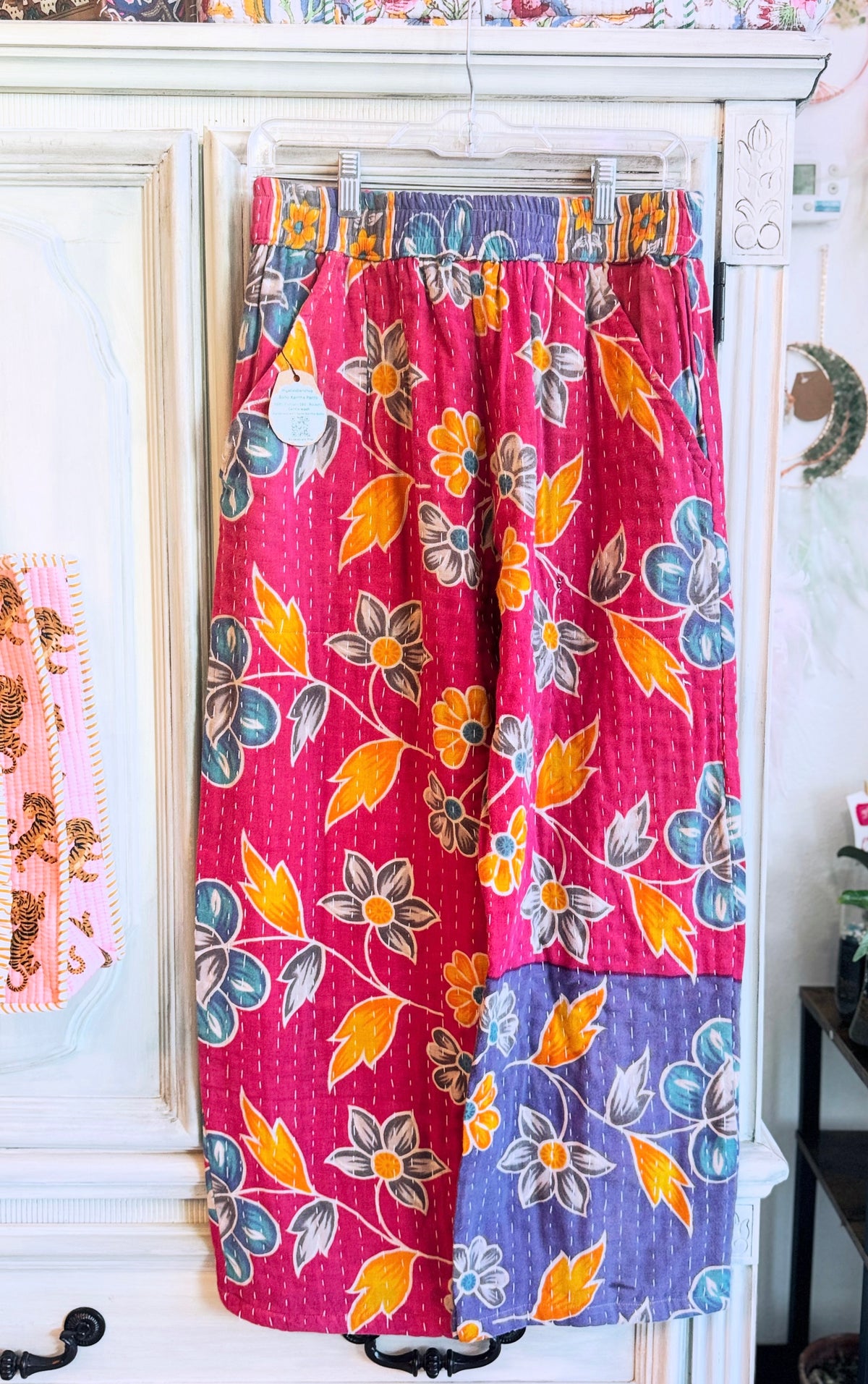 Dragonfruit Bloom – Handmade Kantha Cotton Pants | Color Block Boho Trousers | Pockets
