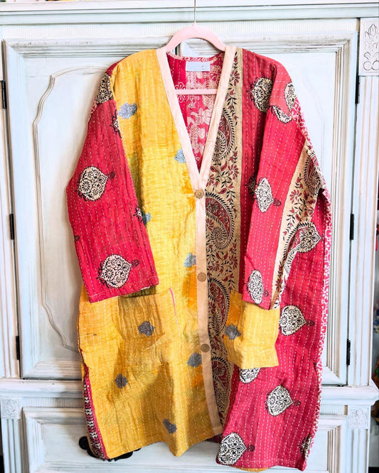 Traditional kantha kimono with red and yellow color block sarees with 2 pockets 100% cotton and handmade with thousands of kantha stitches