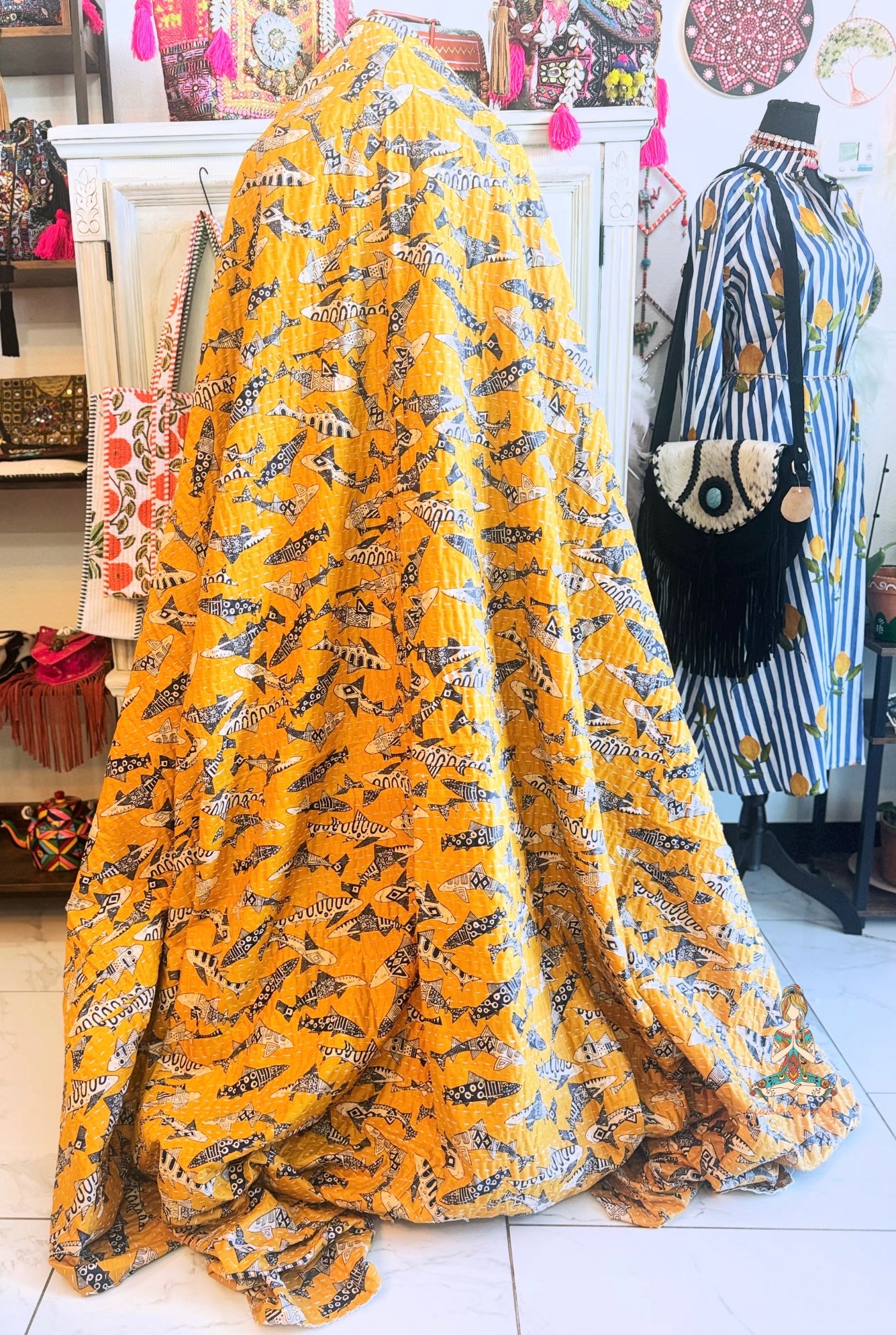 Mustard Shoal | Tribal Shark Print Kantha Quilt | 100% Cotton | Handmade | 90x110” Queen/King