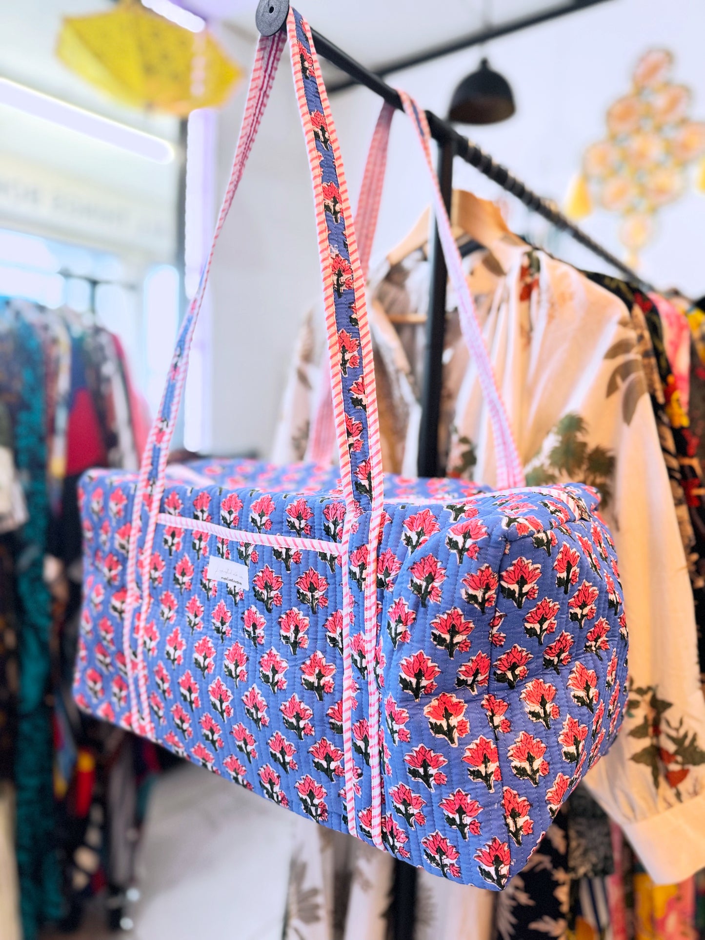 Blue Floral Quilted Duffel Bag – Handmade Block Print Weekender Cotton Travel Bag