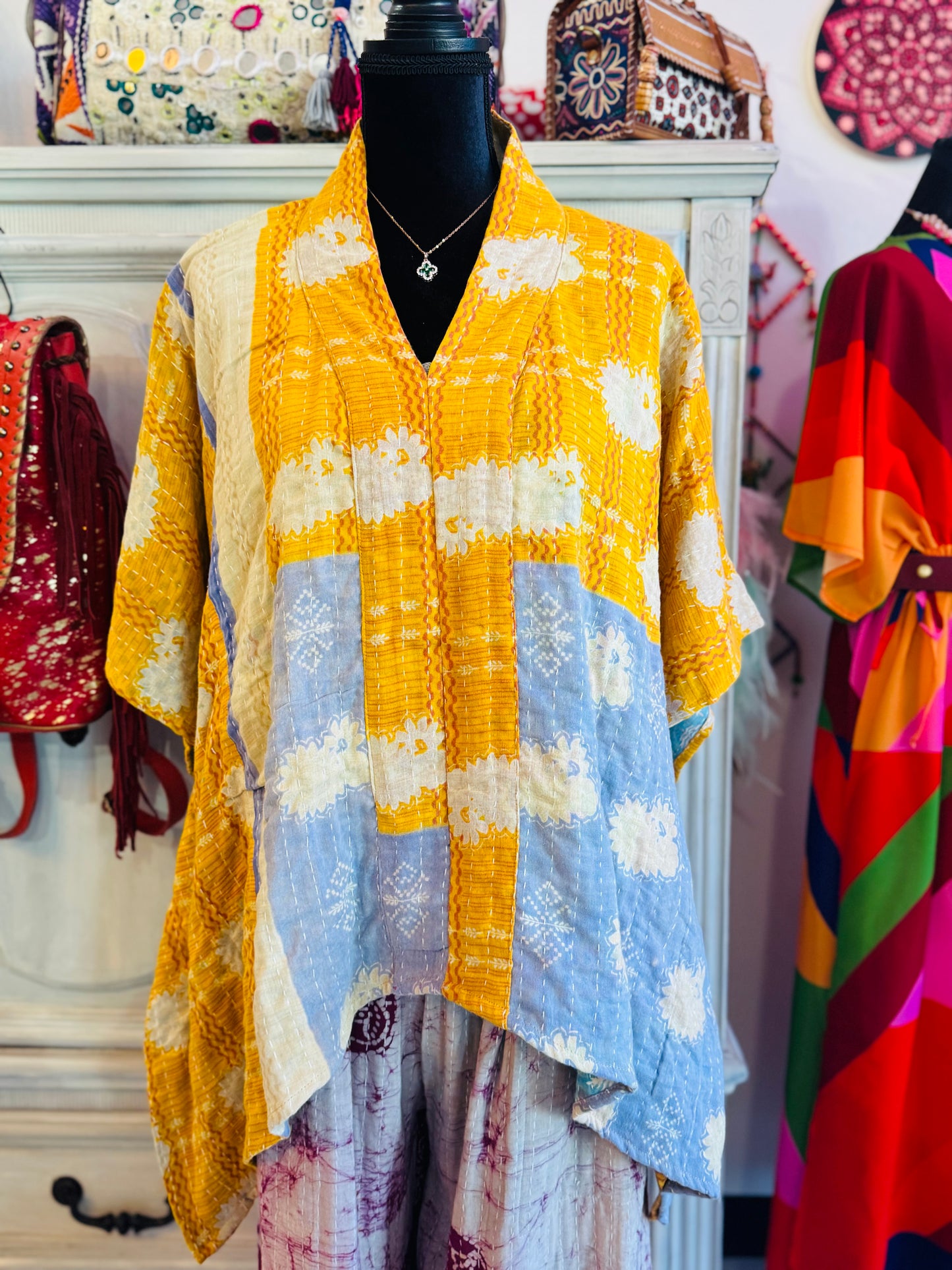 Handmade Kantha Poncho – Sunshine Bloom | Unisex | 100% Cotton Boho Top