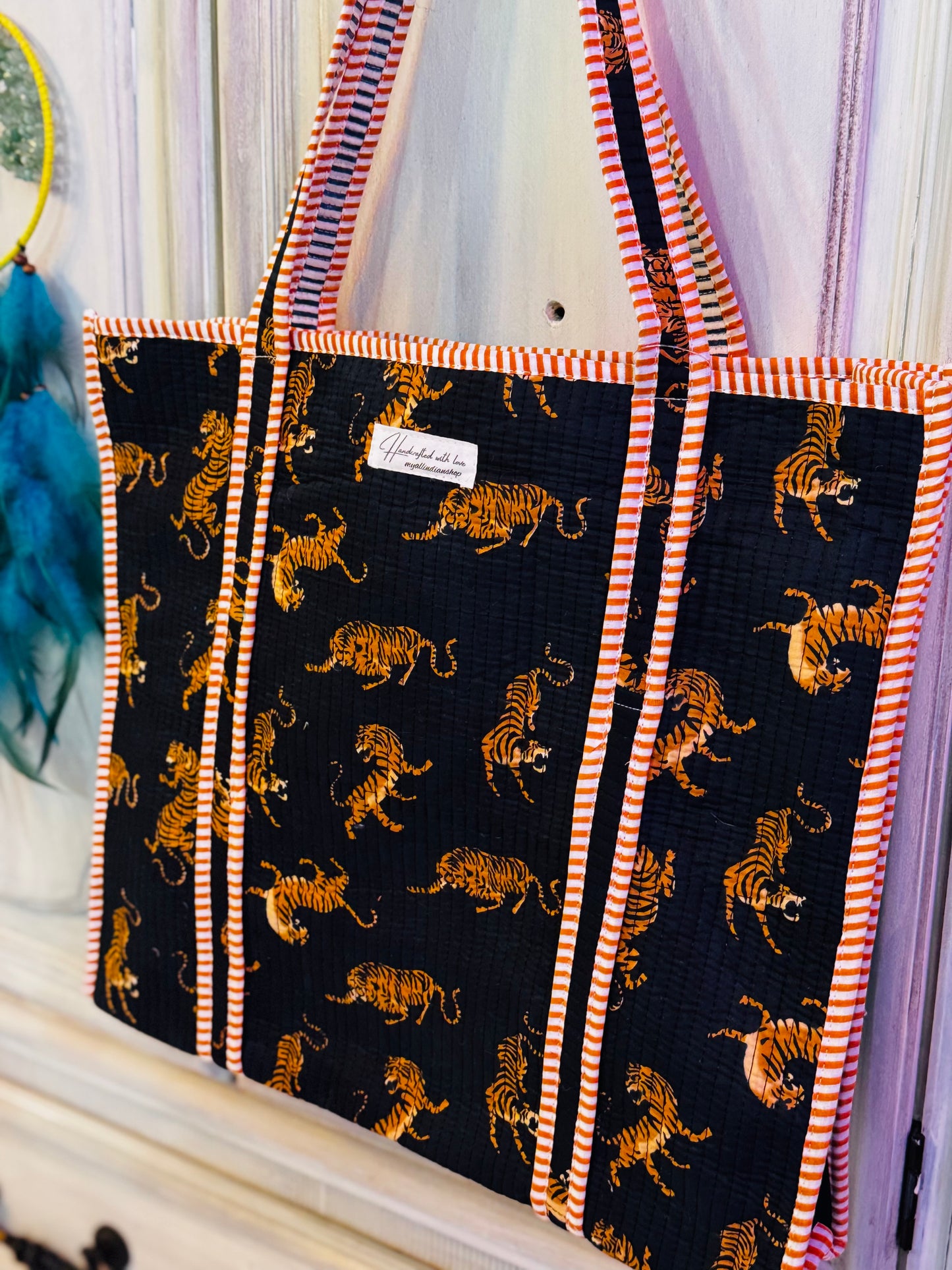 Handmade Quilted Tiger Tote – Unique Cotton Bag | Bold & Artistic
