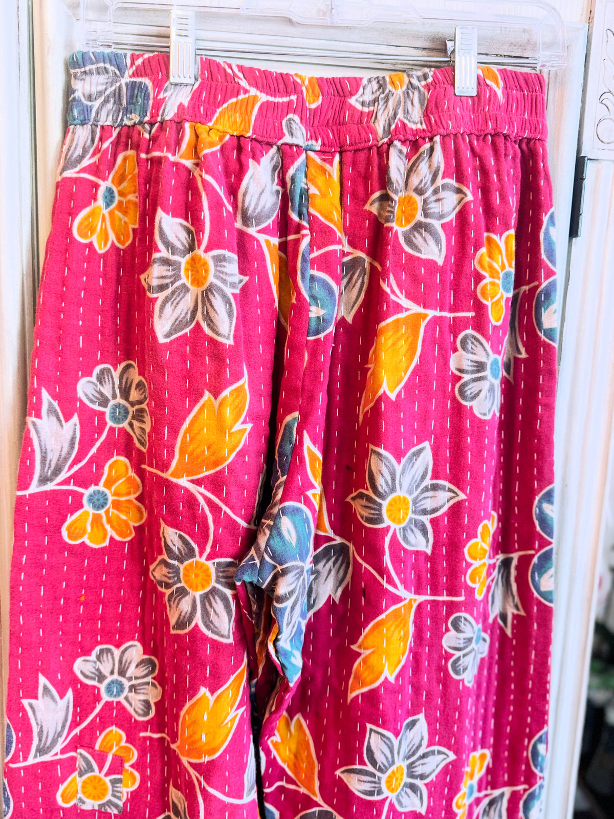 Dragonfruit Bloom – Handmade Kantha Cotton Pants | Color Block Boho Trousers | Pockets