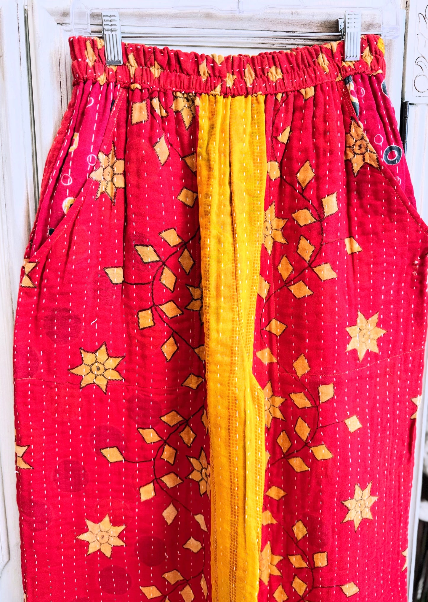 Sunrise Bloom – Handmade Kantha Cotton Pants | Wide Leg Boho Trousers | Pockets