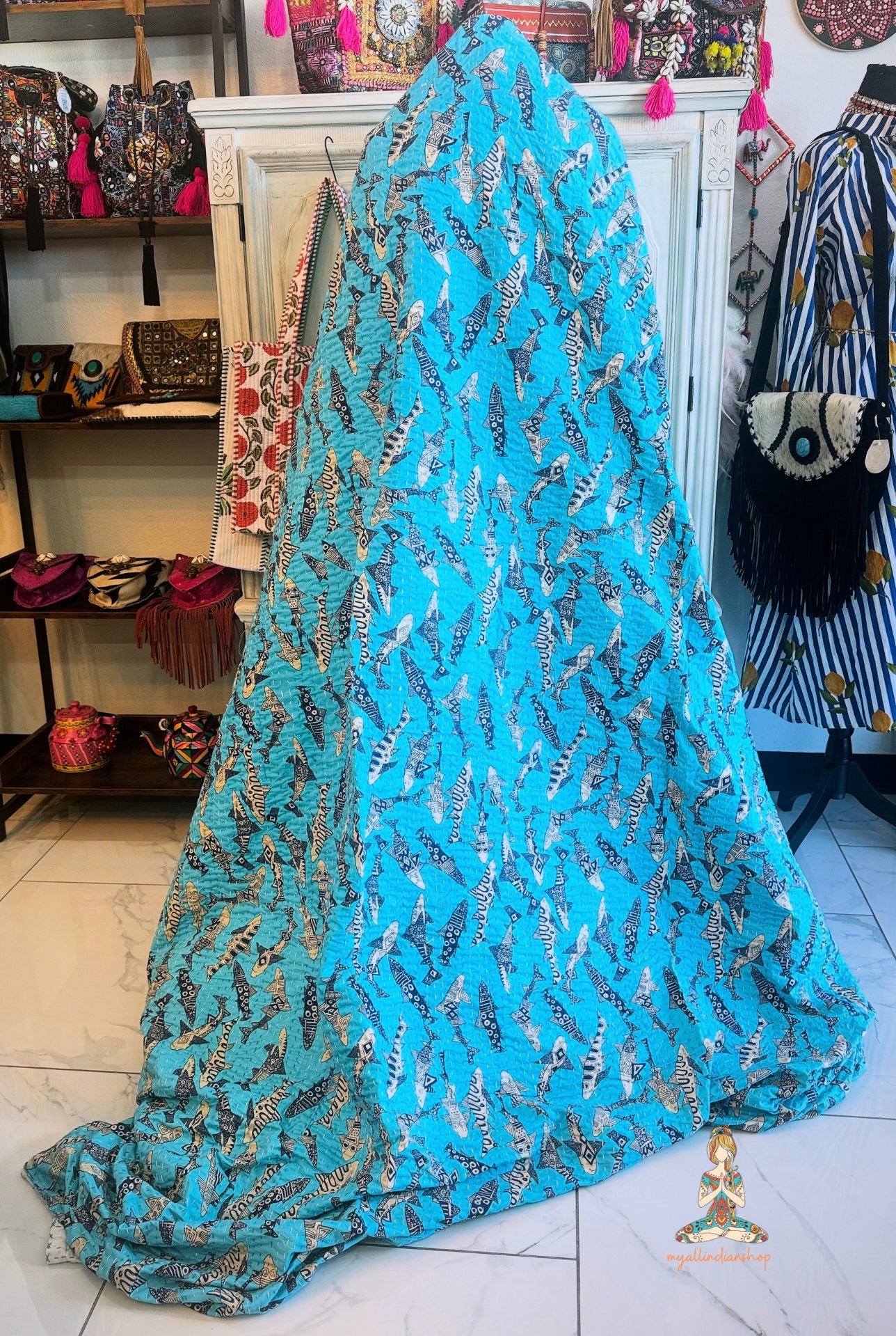 Turquoise Tide | Tribal Shark Print Kantha Quilt | 100% Cotton | Handmade | 90x110” Queen/King