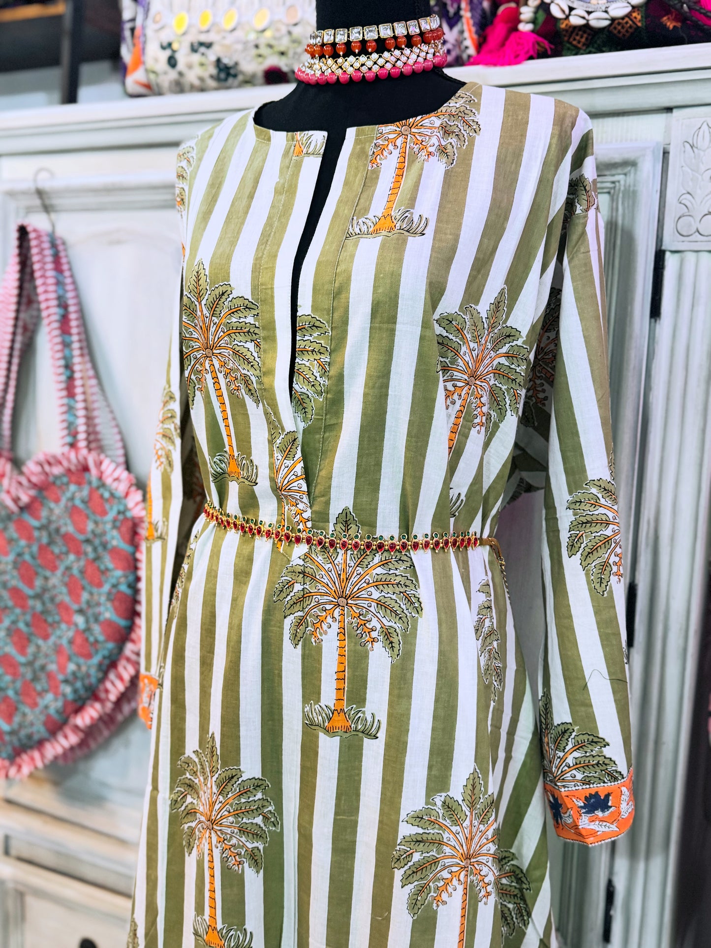 Palm Grove Olive Heritage Cotton Maxi Dress – Hand Block Printed Women’s Dress with Pockets