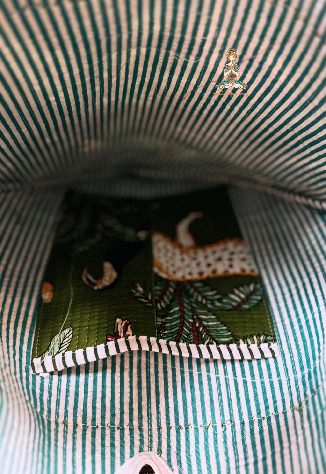 Heart Quilted Tote- Jungle Print - Green - Zipper - Pocket