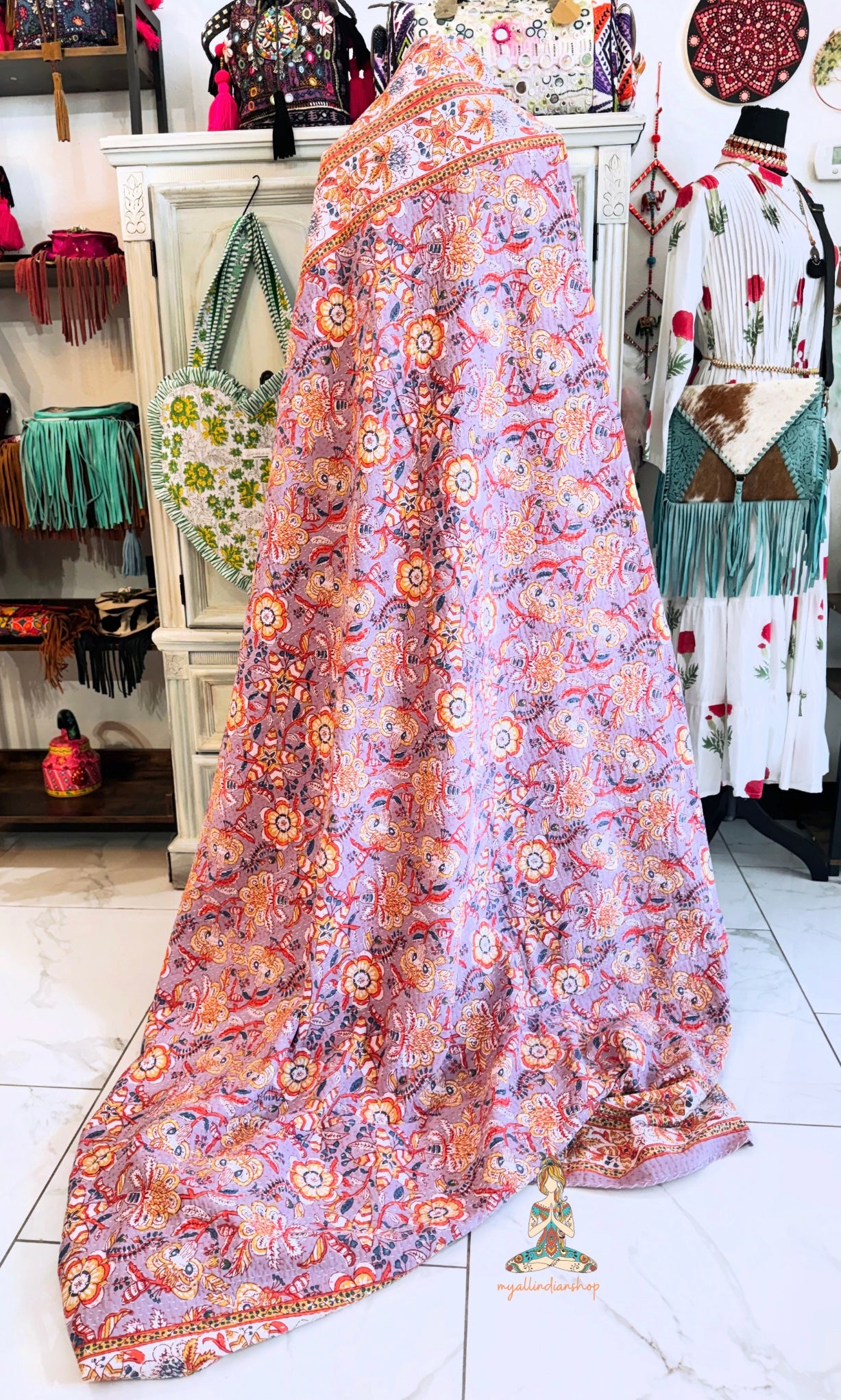 Lavender Wildflower | Hand Block Printed Kantha Quilt | 100% Cotton | Handmade | 90x110” Queen/King