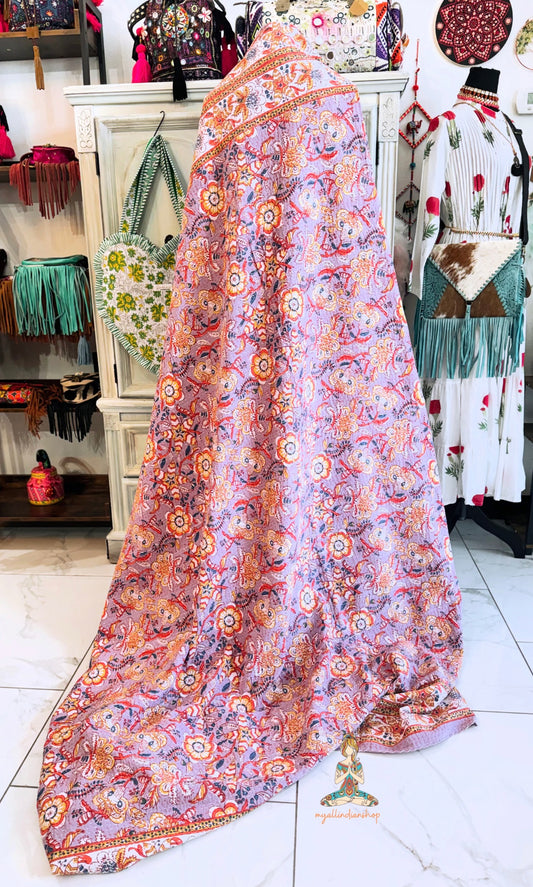 Lavender Wildflower | Hand Block Printed Kantha Quilt | 100% Cotton | Handmade | 90x110” Queen/King