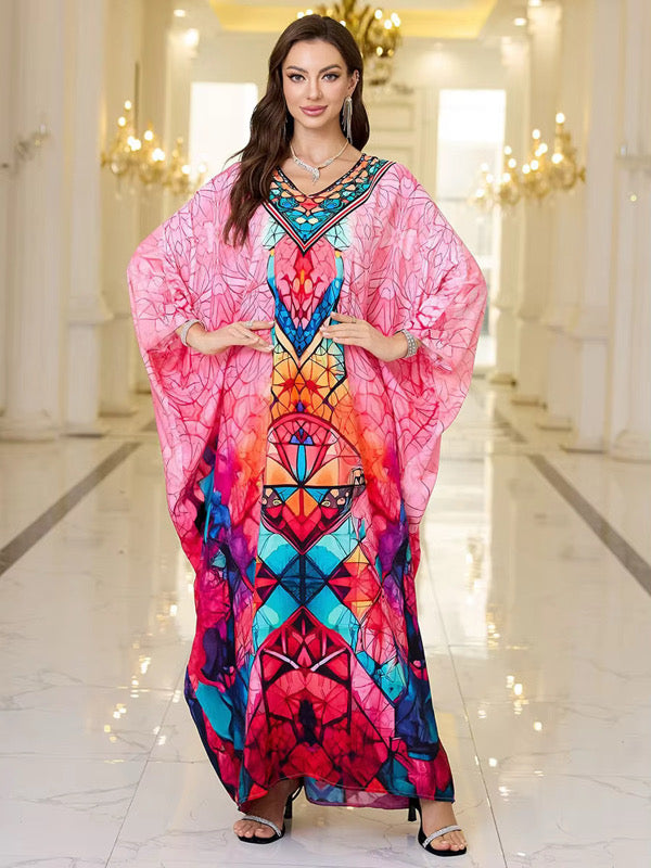 Pink Geometric Luxe Kaftan – Soft, Flowing, One-Size Resort Wear