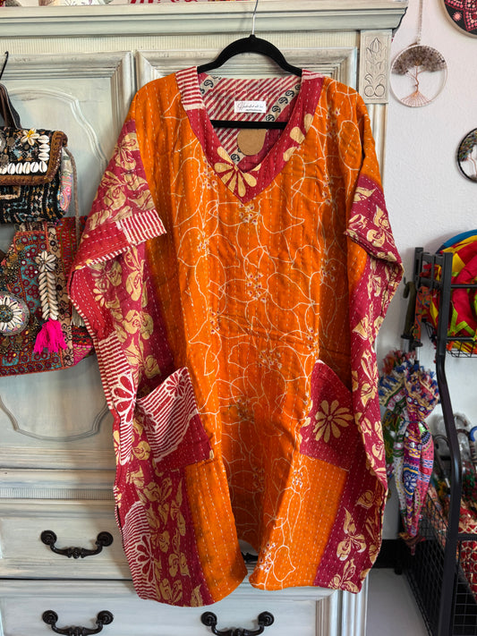 Handmade Kantha Dress – Orange | 100% Cotton | 2 Pockets