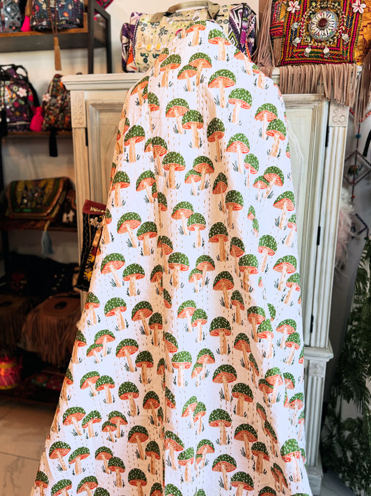 Mushroom Forest Kantha Quilt - 100% Cotton Handmade Blanket | Handblock Print Bedspread (90x110)