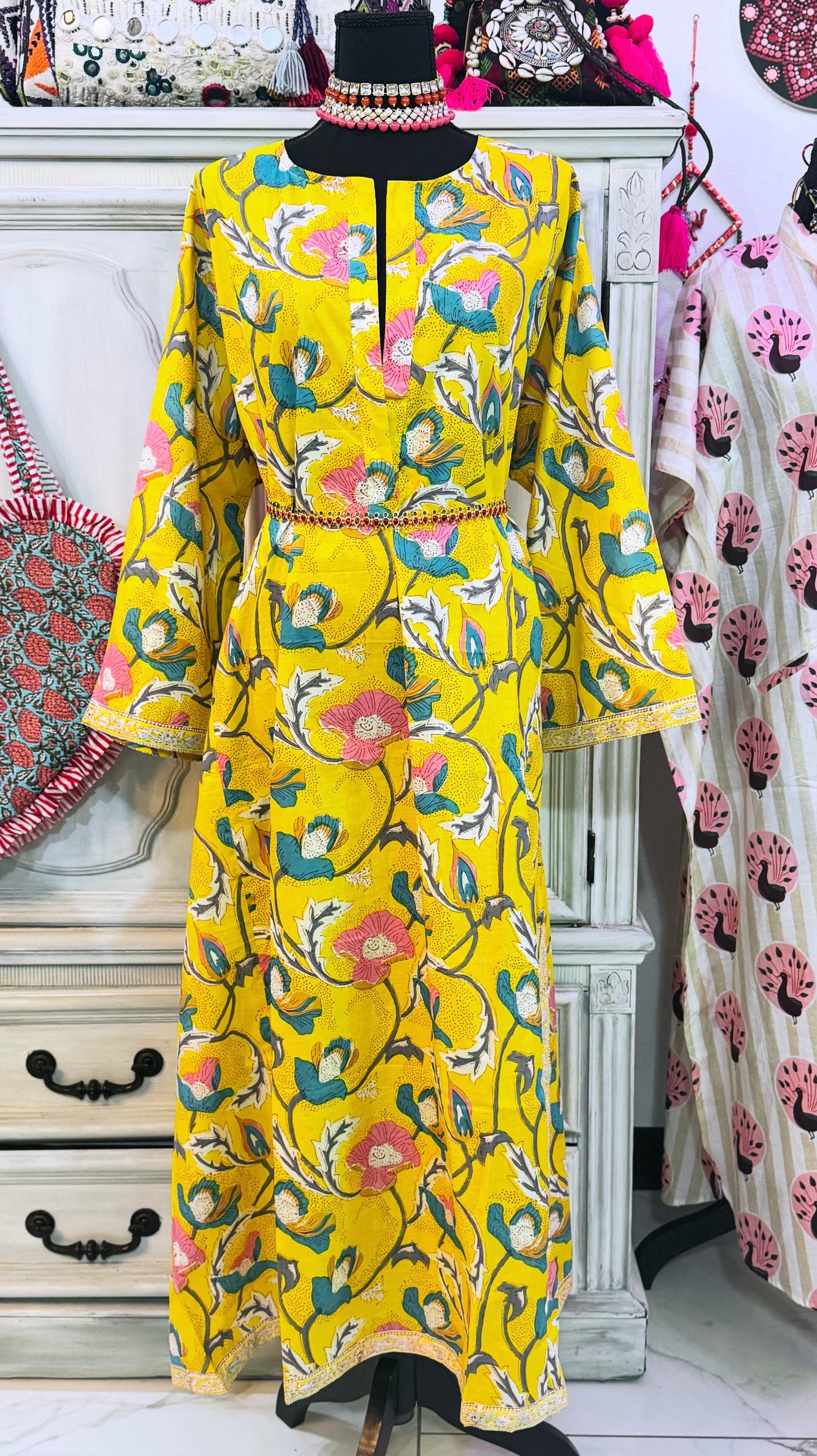Golden Marigold Hand Block Print Cotton Maxi Dress – Women’s Long Sleeve Dress with Pockets
