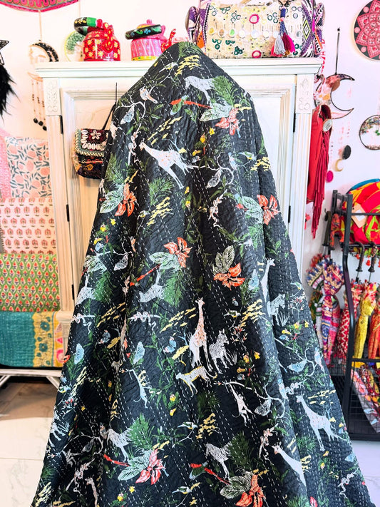 Beasts & Wings - Handblock Printed Kantha Quilt – 100% Cotton | Handmade