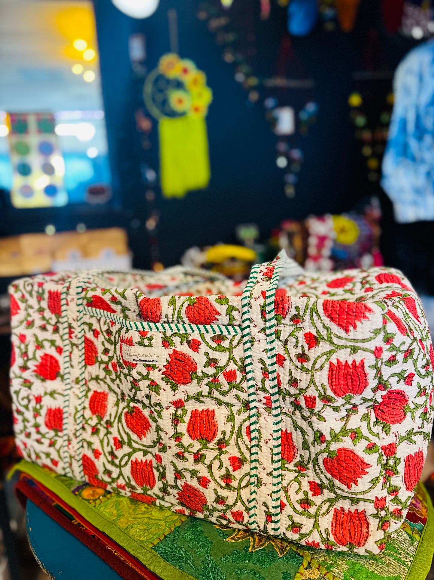 Rosette Bloom Weekender – Handmade Kantha Quilted Duffle | Floral Boho Travel Bag