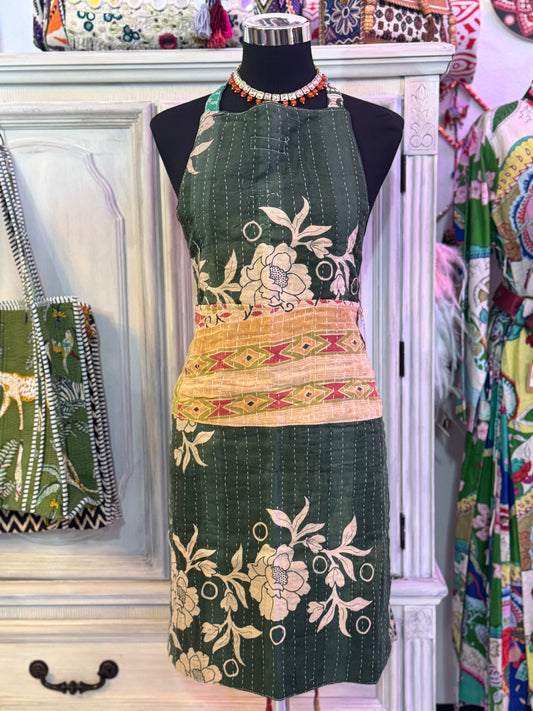 Evergreen Blooms Cotton Kantha Apron | Handmade | Reversible | 6 Pockets