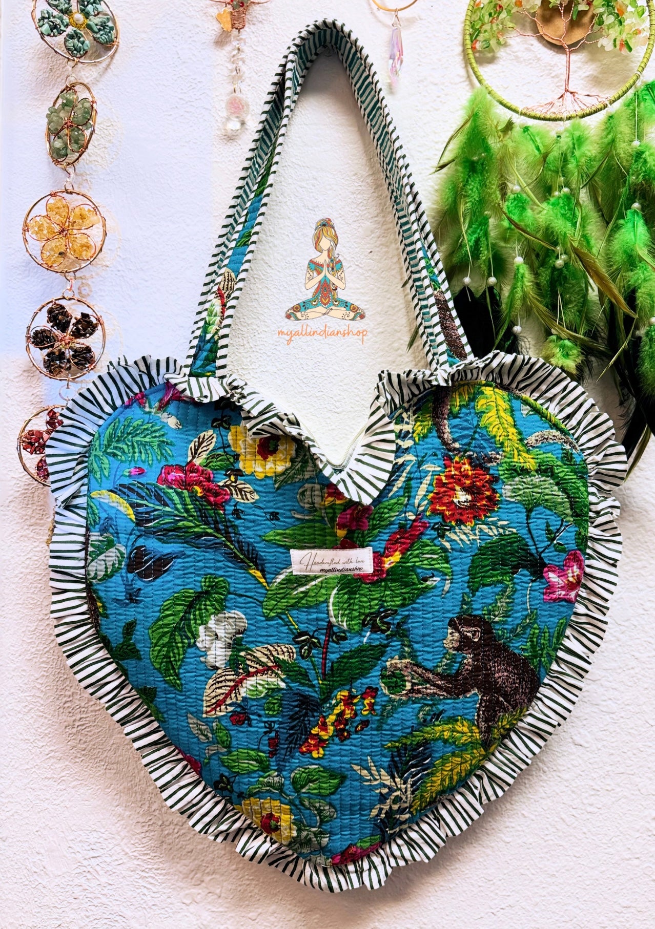 Heart Quilted Tote- Monkey - Zipper - Pocket