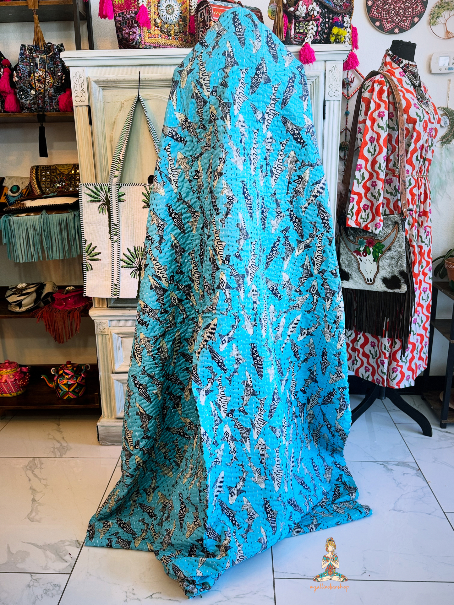 Turquoise Shark Print Kantha Quilt | Cotton Lightweight Blanket | Throw/Twin Size