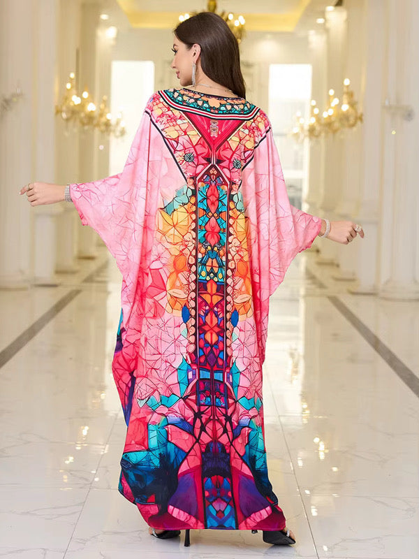 Pink Geometric Luxe Kaftan – Soft, Flowing, One-Size Resort Wear