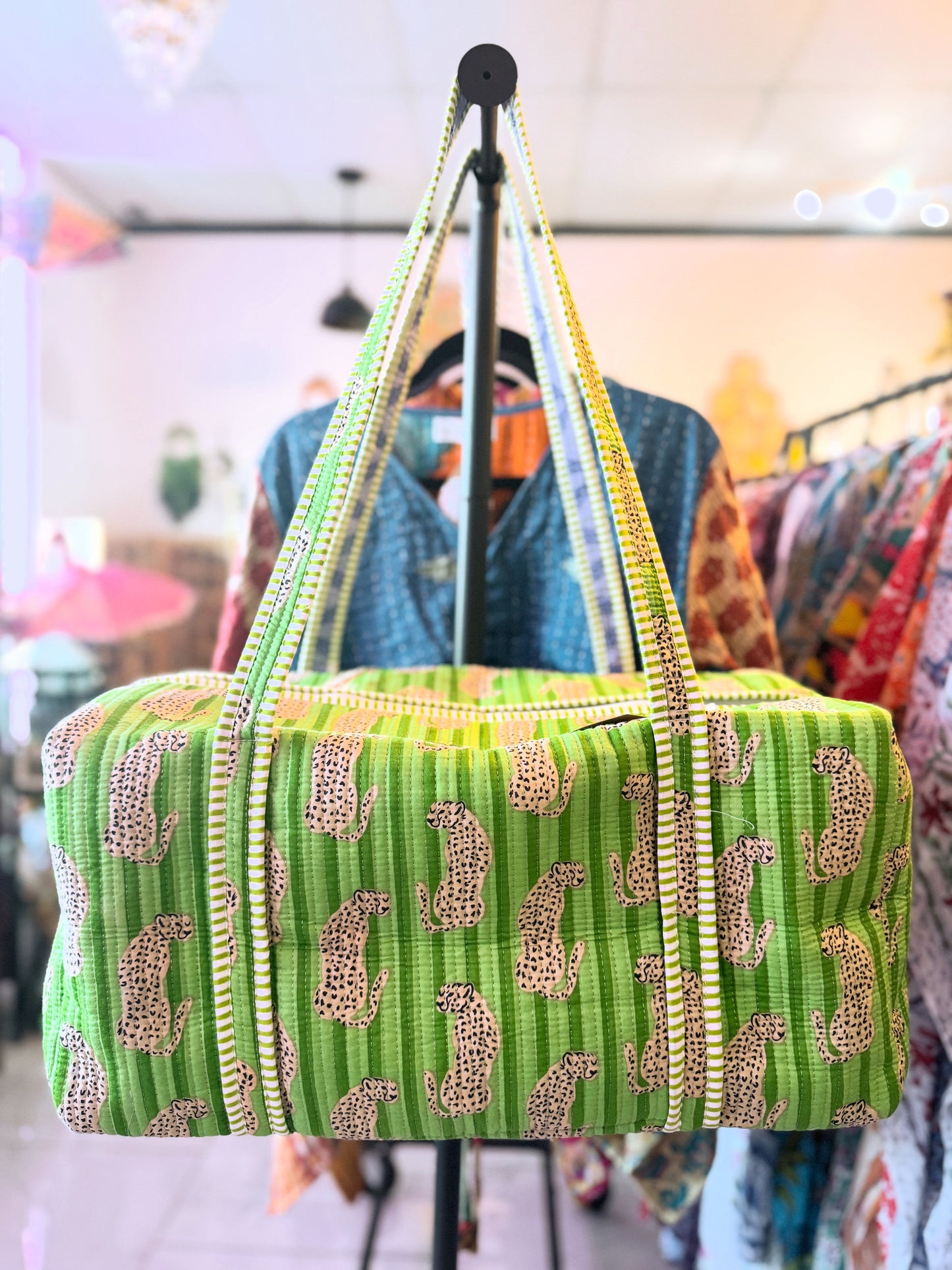 Verdant Safari Weekender – Handmade Quilted Cotton Duffle | Green Jungle Travel Bag