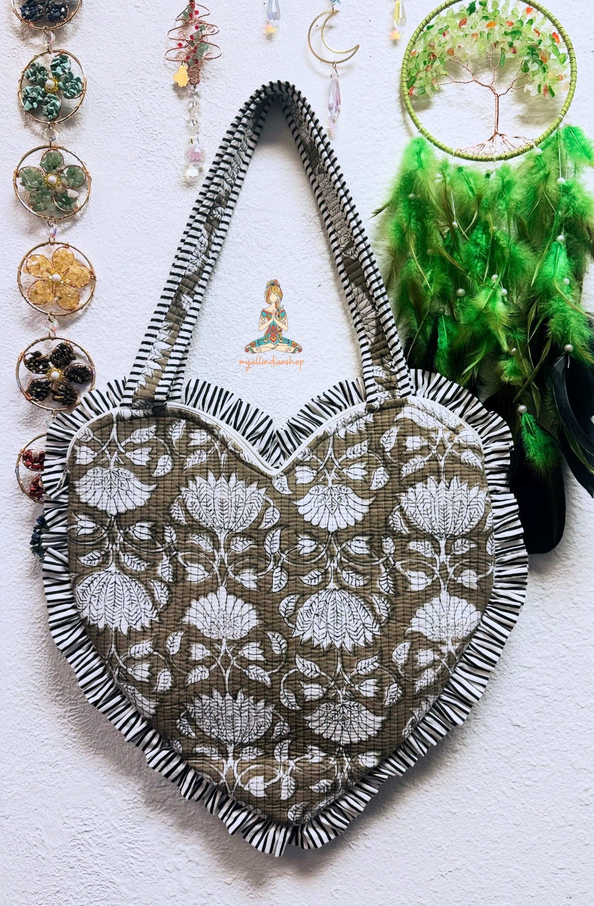 Heart-Shaped Quilted Tote Bag | Hand Block-Printed 100% Cotton | Handmade Zipper Tote