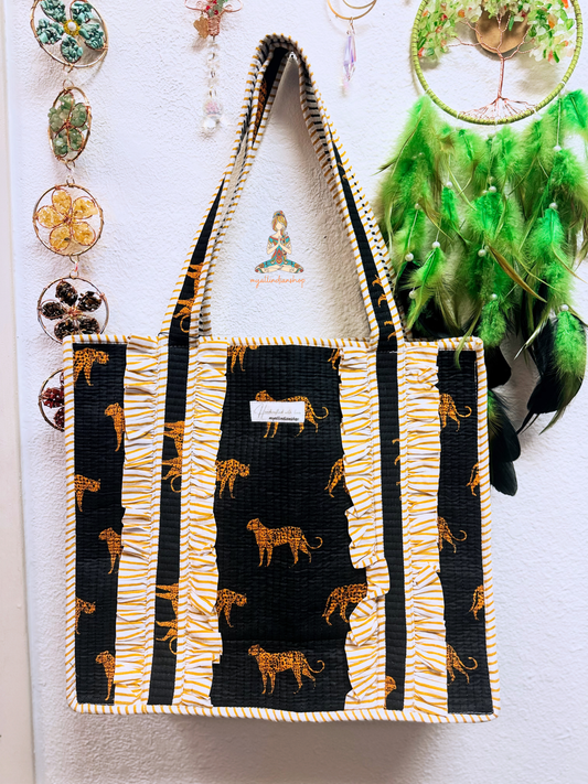 Black Cheetah Silhouette Reversible Quilted Tote Bag | Gold Cheetah Hand Block Print Ruffle Tote