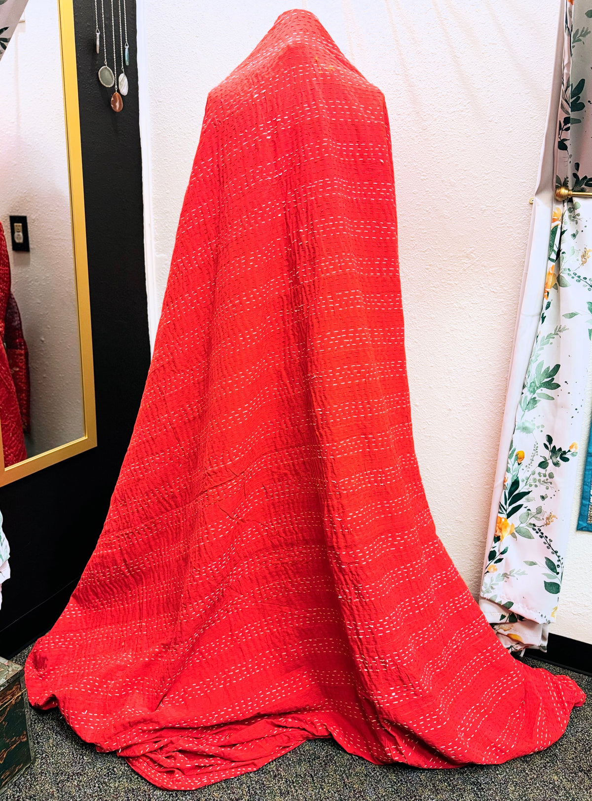 Silk Patchwork Kantha Quilt - Red- Handmade | Silk | Cotton | Queen | King