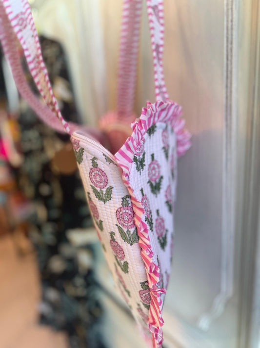 Blush Bloom Heart Tote – Handmade Quilted Cotton Bag with Zipper & Frill Detail | Valentine’s Gift
