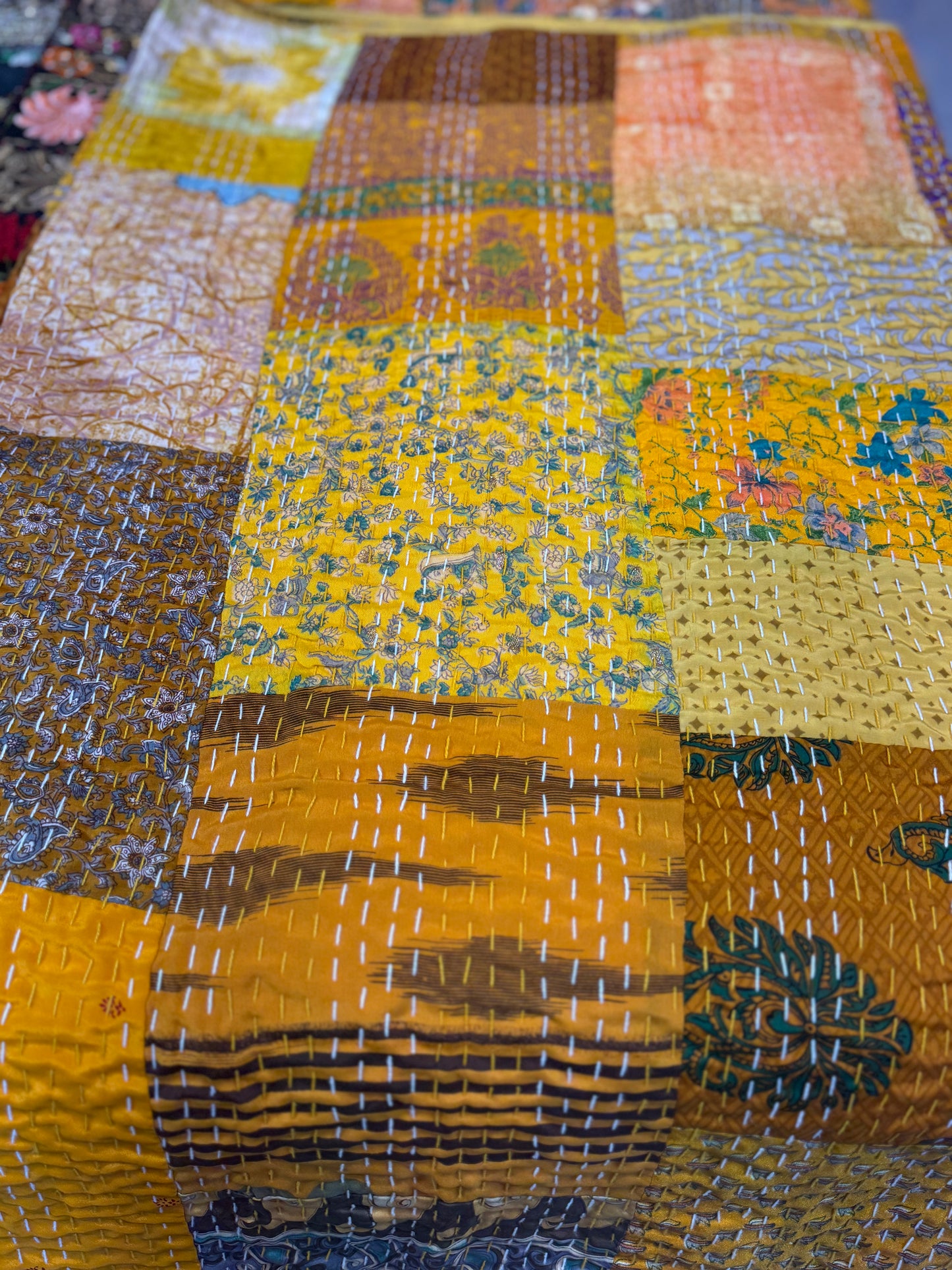Silk Patchwork Kantha - Yellow- Queen/ King