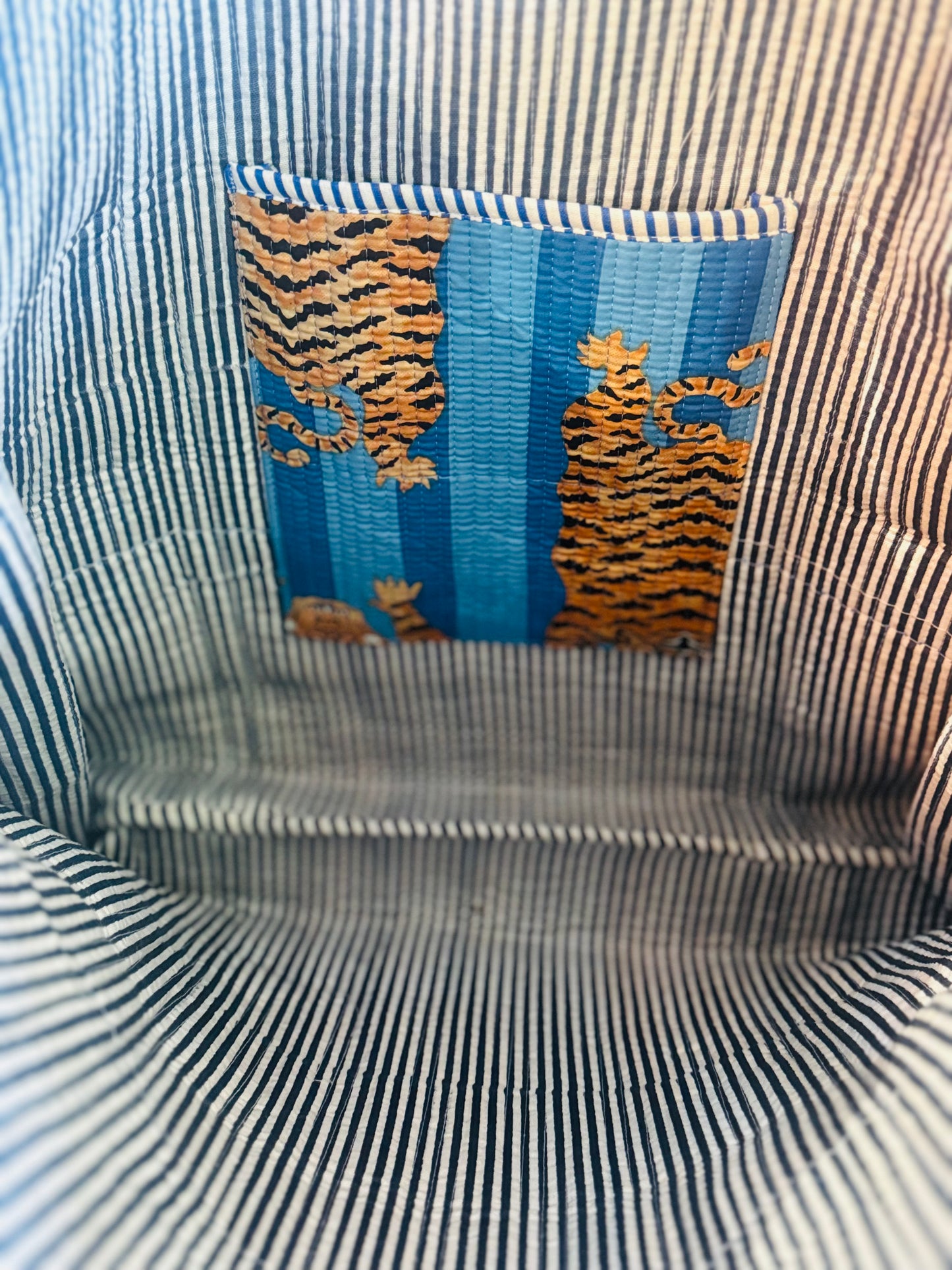 Blue Tiger Print Quilted Cotton Tote Bag – Large Reversible Handmade Shopper with Pocket