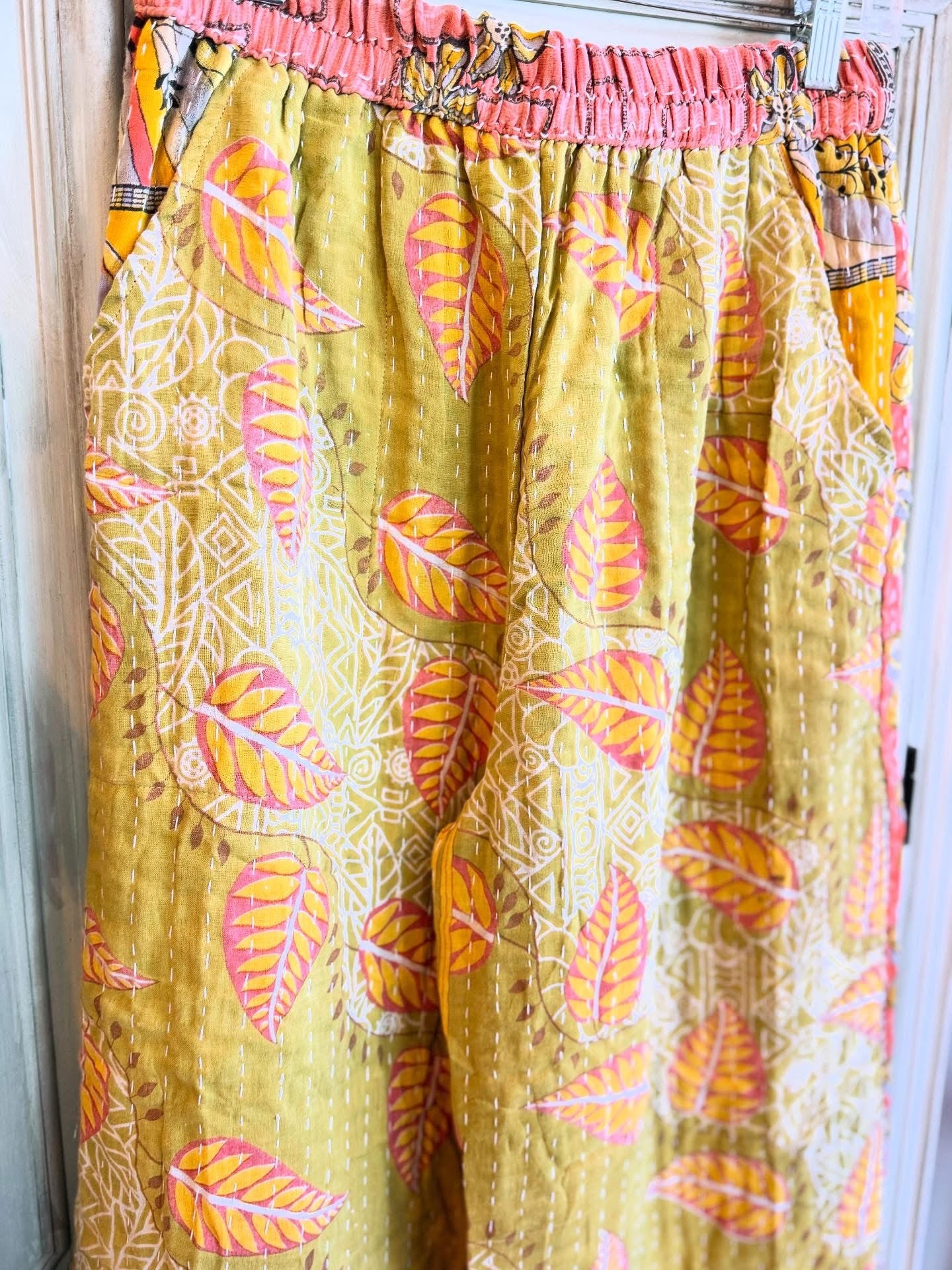Olive Leaf – Handmade Kantha Cotton Pants | Wide Leg Boho Trousers
