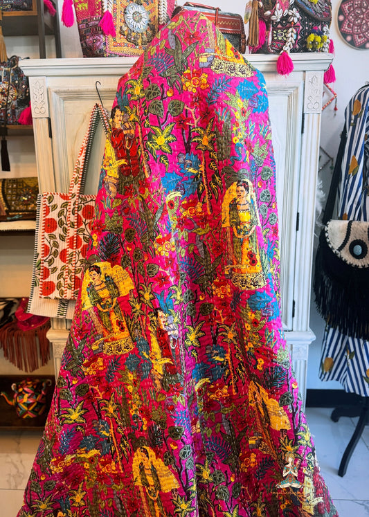 Frida in the Jungle - Hot Pink| Hand Block Printed Kantha Quilt | 100% Cotton | Handmade | 90x100”